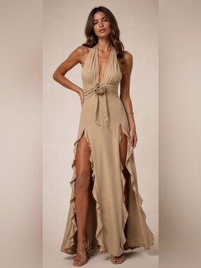 NWT WeWoreWhat Halter Ruffle Maxi Dress Safari Tan